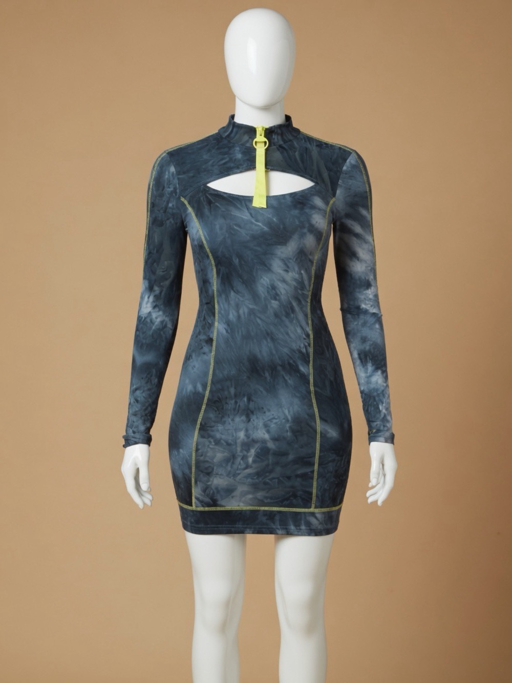 Capsule Long-Sleeve Navy Tie-Dye Bodycon Dress with Keyhole